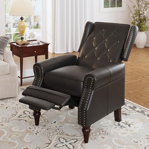 Lazy Boy Recliner Chair, Faux Leather Wingback Chair, Single Sofa Chair with Rivet Trim and Tufted Button, Club Chair with Wooden Legs, Pushback Arm Chair for Living Room Bedroom Club Cafe, Matt Brown
