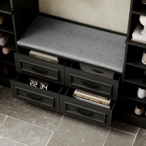 Homsee 78.7”H Hall Tree with 4 Double Coat Racks and Cushioned Bench, Modern Entryway Storage Organizer Cabinet with 6 Doors, 4 Drawers and Adjustable Shelves, Black