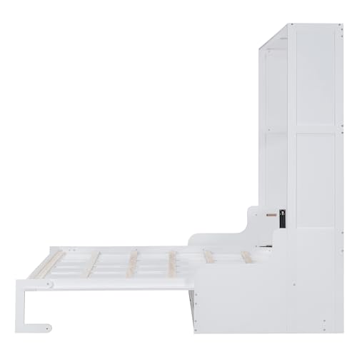Modern Full Size Murphy Bed with Wardrobe, Versatile Foldable Wooden Bed Frame with Drawers and Open Shelves, Solid Wood Wall Bed for Apartments, Studio Bedroom Use, Space-Saving