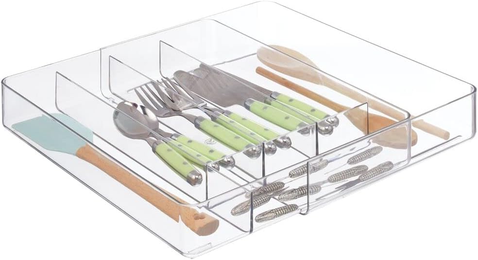 mDesign Adjustable, Expandable Plastic Kitchen Cabinet Drawer Storage Organizer Tray - for Storing Organizing Cutlery, Spoons, Cooking Utensils, Gadgets - Clear