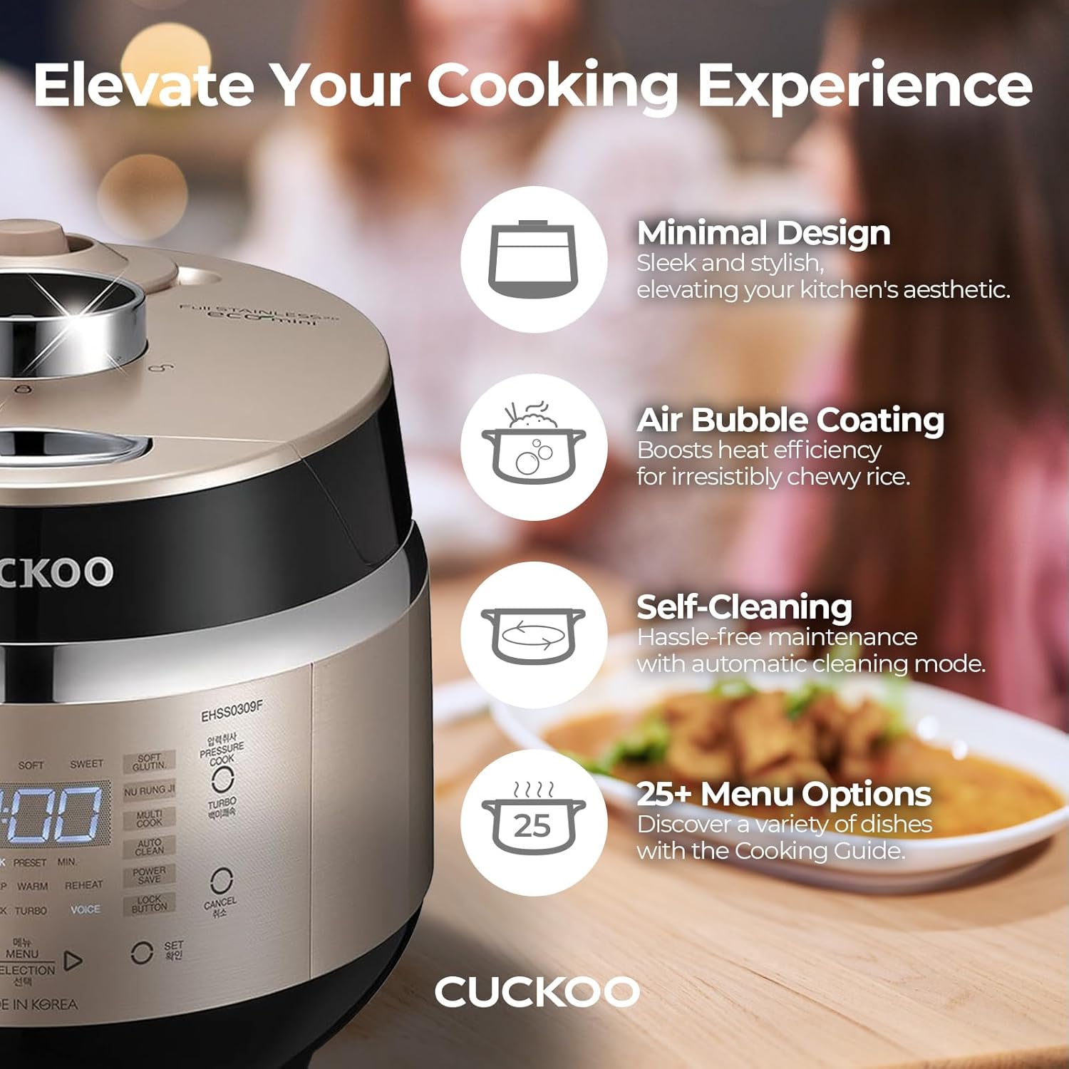CUCKOO CRP-EHSS0309FG | 3-Cup (Uncooked) Induction Heating Pressure Rice Cooker | 15 Menu Options, Auto-Clean, Voice Guide, Made in Korea | Gold
