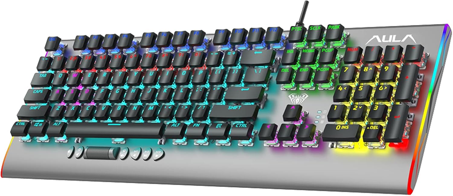 AULA 2099 Mechanical Gaming Keyboard with Blue Switches, Media Knob, RGB Backlight, Slim Keycaps, 104-Keys Anti-Ghosting Programmable USB Wired PC Computer Keyboards