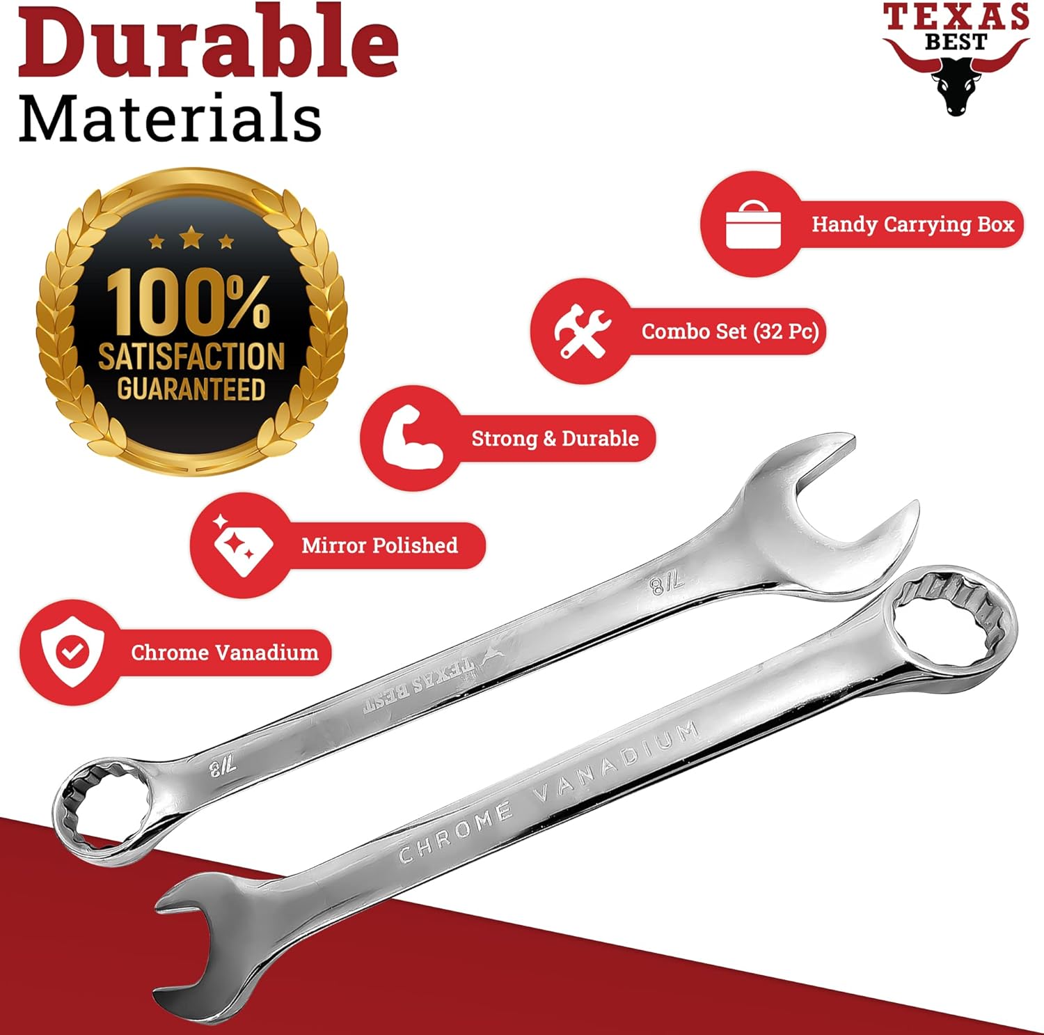 Texas Best Chrome Vanadium Steel Combination Wrench Set | SAE (Inch) & Metric Sizes | Quick Access Hanging Tray | Carry Case Master Organizer Included (32 Pc) Pack of 2