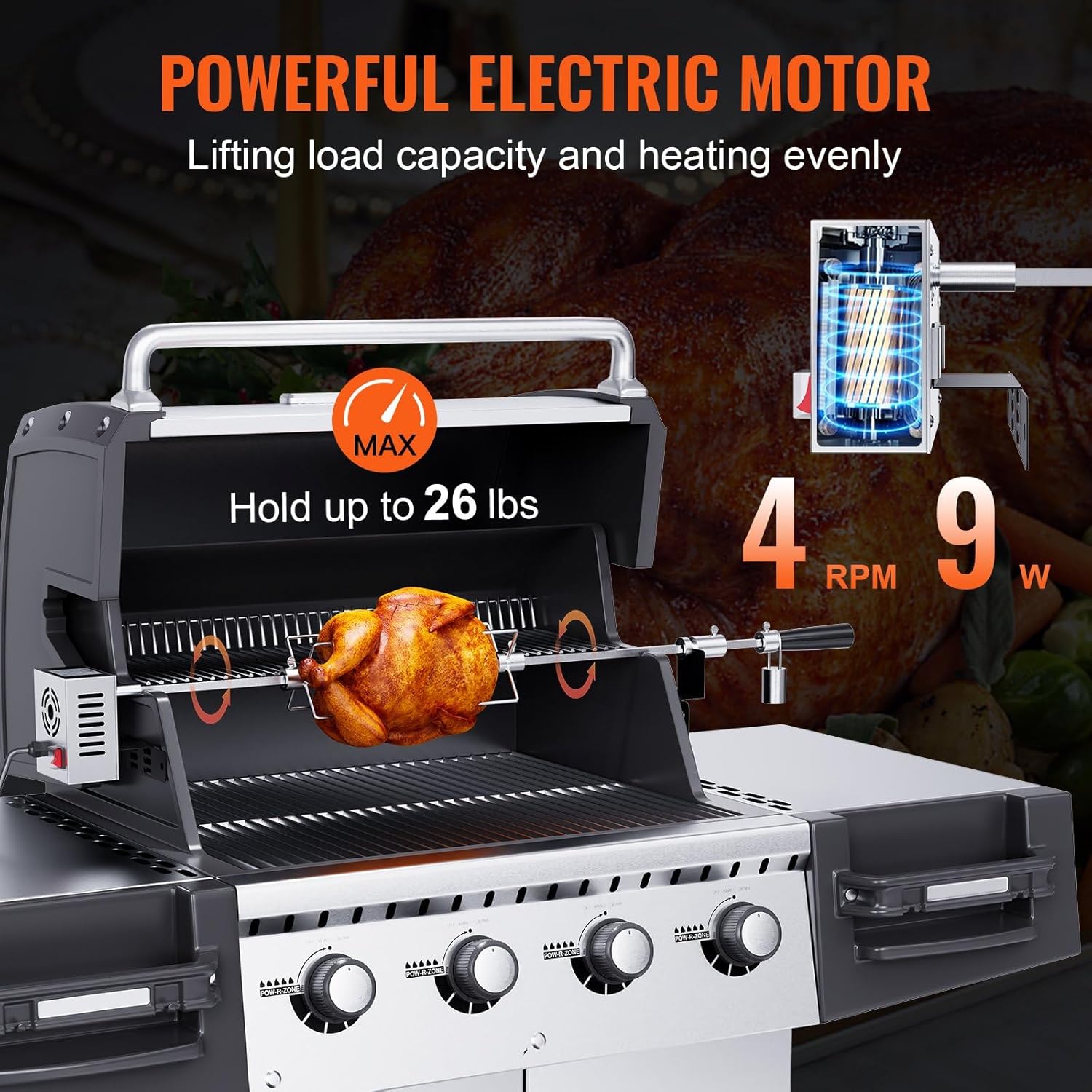 Heavy Duty Stainless Steel Grill Rotisserie Kit with 9W Motor - Automatic Grilling Attachment for Electric Bbq Grill - 32-Inch / 39-Inch Hexagon Spit Rod - 26 Lbs Capacity