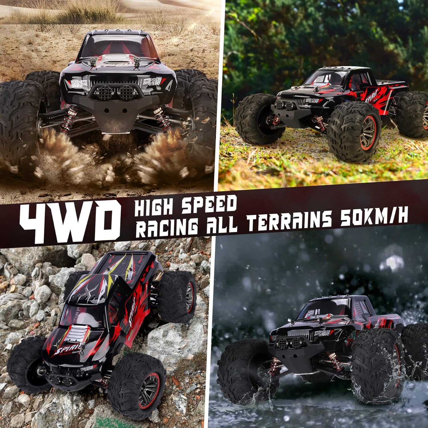 RC Cars 1:10 Large Scale Hobby Grade Remote Control Car,50 KM/H High Speed Monster RC Truck,4WD 2.4GHz Off Road Waterproof All Terrains Racing Toy,2 Batteries for 40 Min Play for Adult Kids