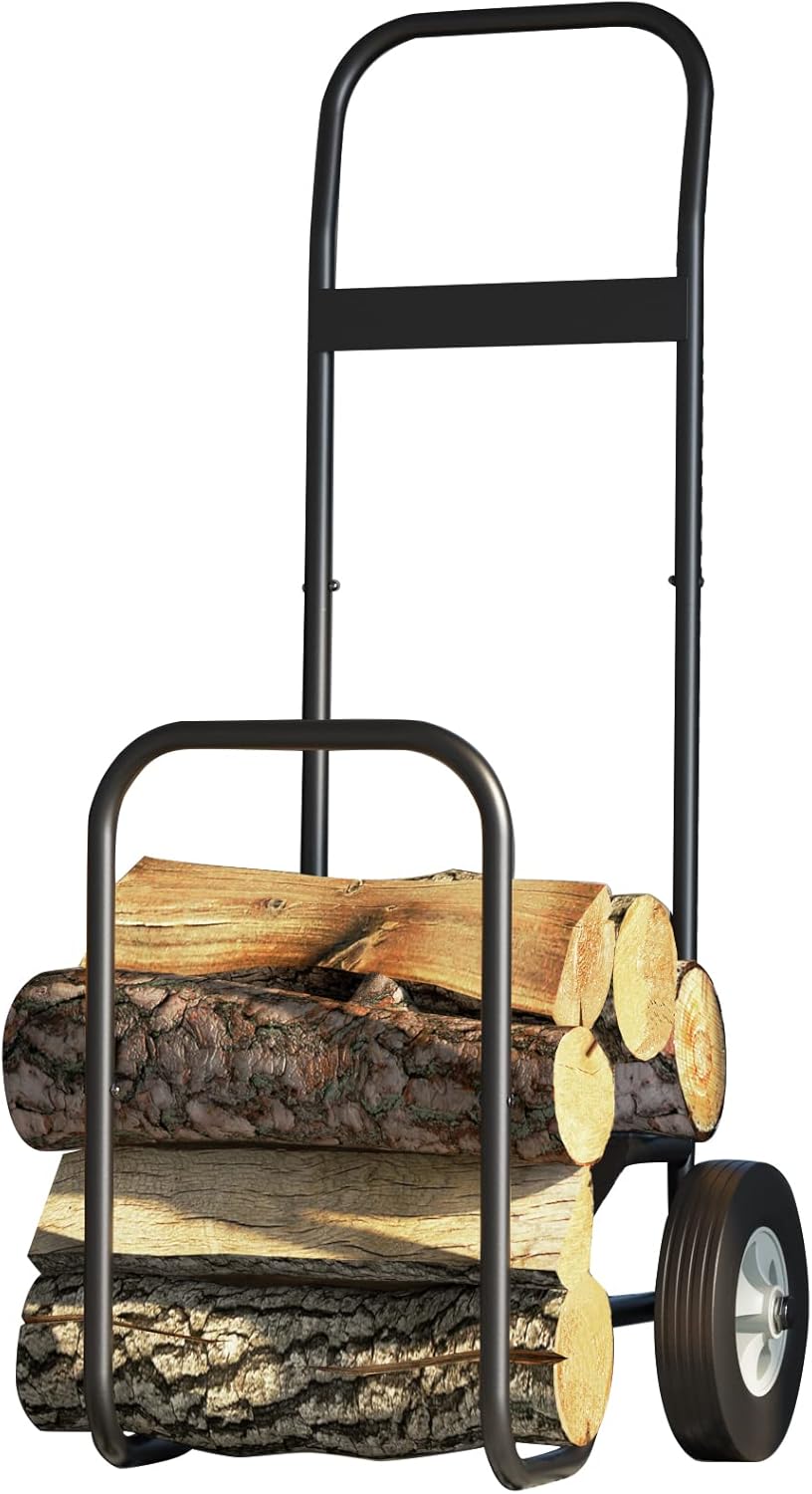 Fire Beauty Firewood Log Cart Carrier, Outdoor and Indoor Wood Rack Storage Mover, Rolling Dolly Hauler