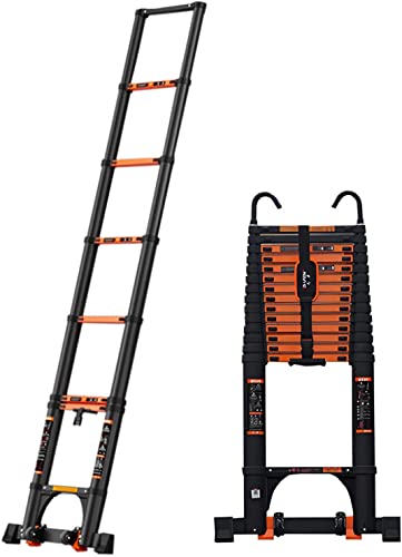 Mighty Folding Telescoping Ladder 12.5ft 15.5ft 20ft, Multi Purpose Extension Ladder with Hooks for Attic & Rooftop - Aluminium Retractable Ladder with Stabilizer Bar
