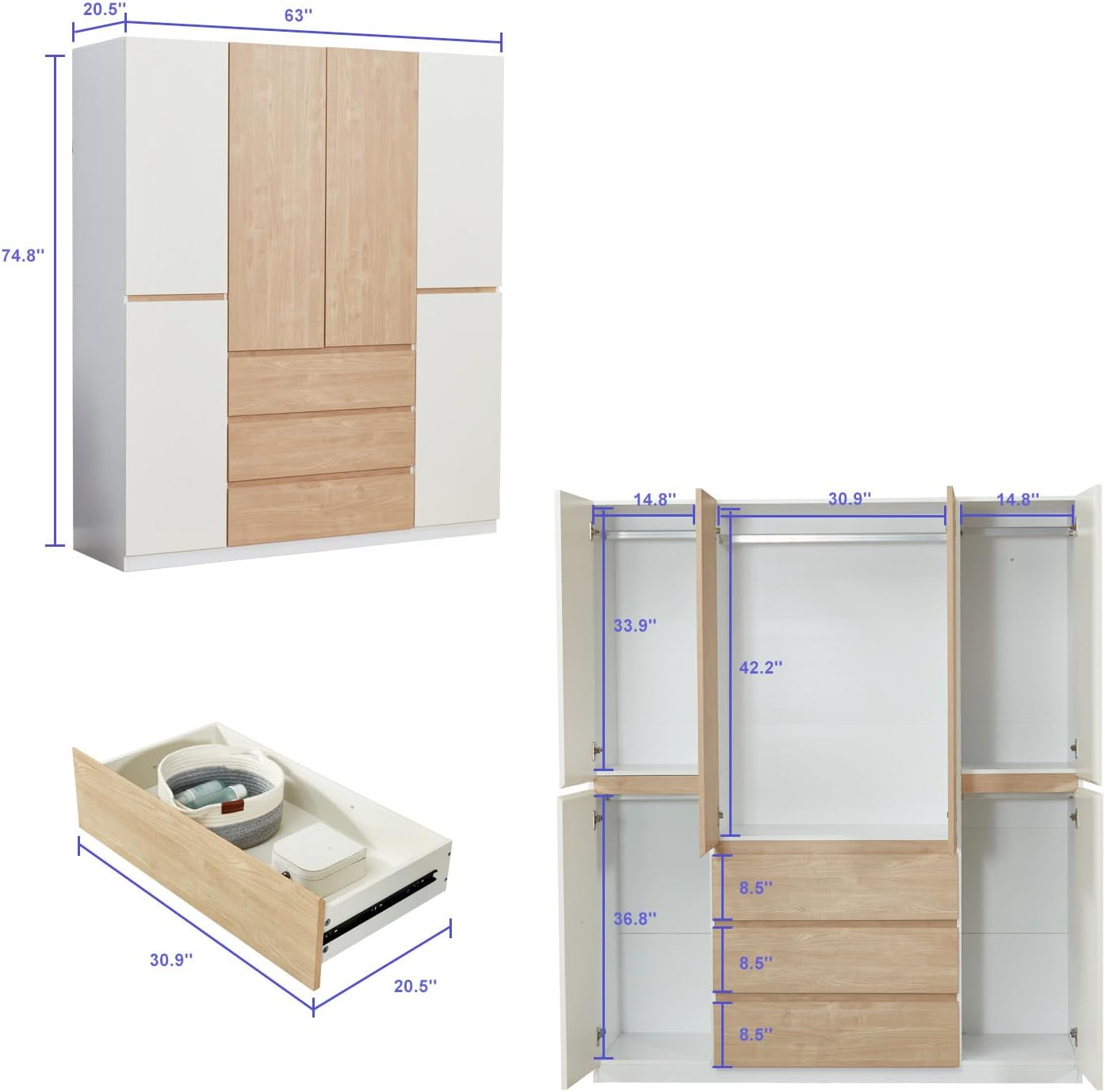 e Armoire Wardrobe Closet 4 Doors, White Wooden Bedroom Closet Freestanding, Clothes Storage Closet Bedroom Armoires, Wood Wardrobe Storage Closet Cabinet with Hanging Rod Shelf Drawers