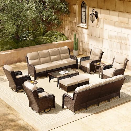 Luxury Patio Furniture Set with 6-inch Thick Cushion, Outdoor Couch and High Back Swivel Rocker Patio Chairs, 7PCS Wicker Conversation Set for Deck, Yard, and Poolside in Blue (V2)