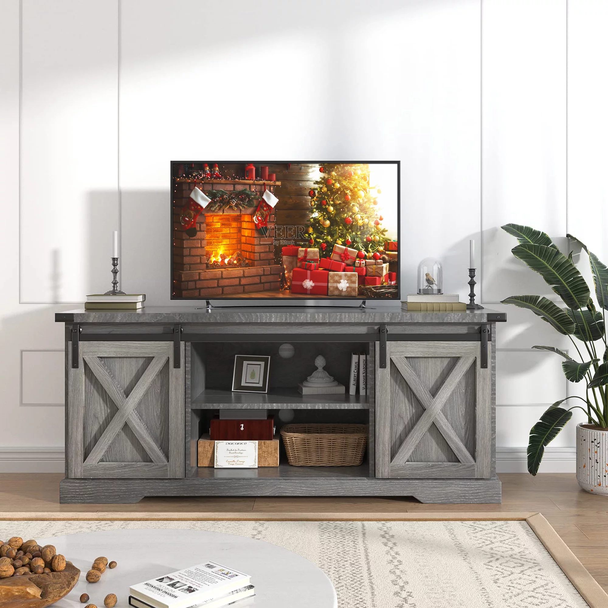 Chvans Farmhouse Barn Door TV Stand for up to 65 TVs /23 Electric Fireplace, Entertainment Center Console Table with Adjustable Shevles(58)