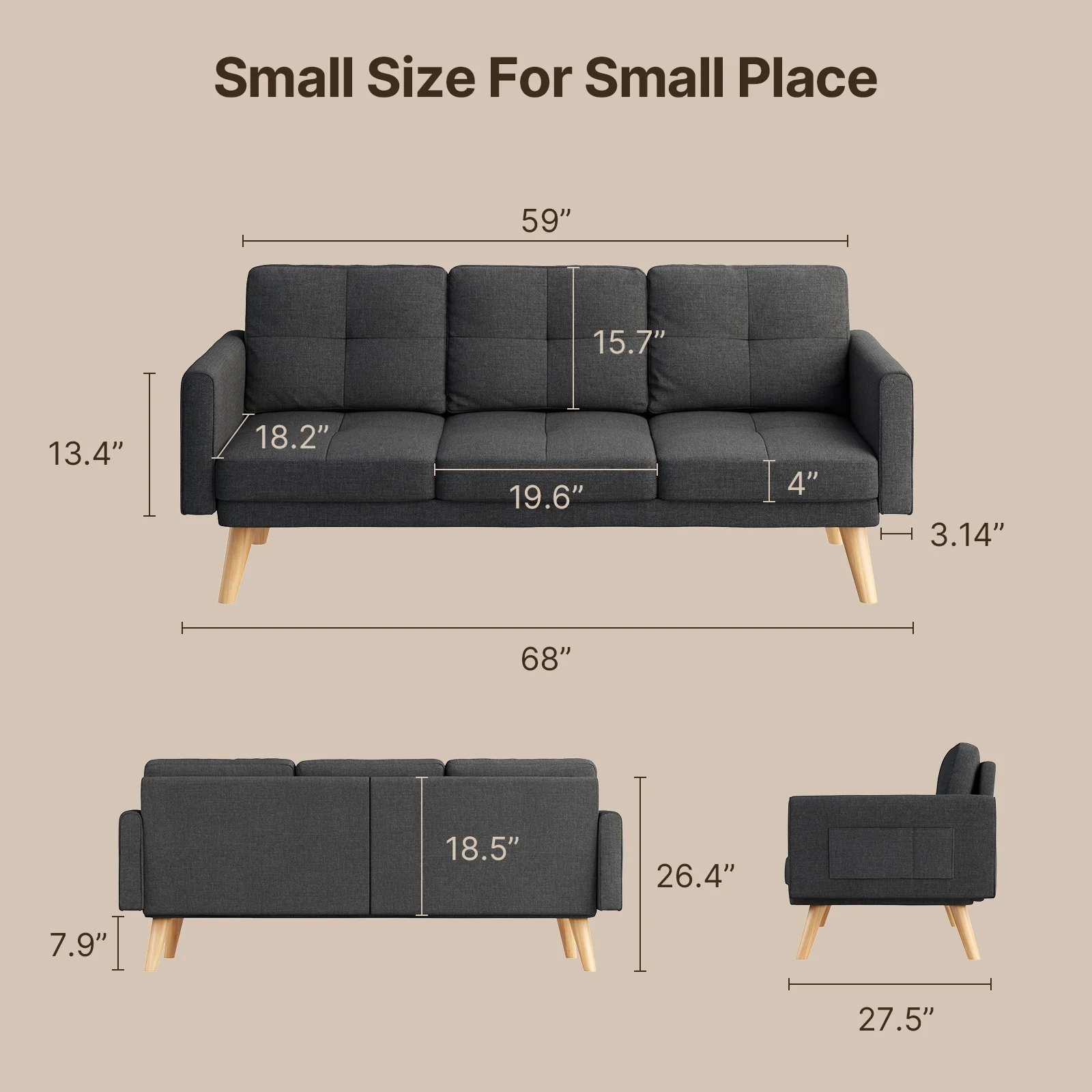 Lofka Futon Sofa Bed, Modern Sofa and Upholstered Couch with Curved Arm, Dark Gray