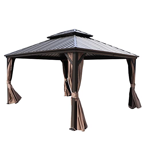 Kozyard Caesar 10'x10' Hardtop Gazebo - Permanent Metal Pavilion with Netting and Shaded Curtains for Patio, Backyard, and Deck - Galvanized Steel Outdoor Aluminum Canopy, Double Roof Gazebo (Grey)