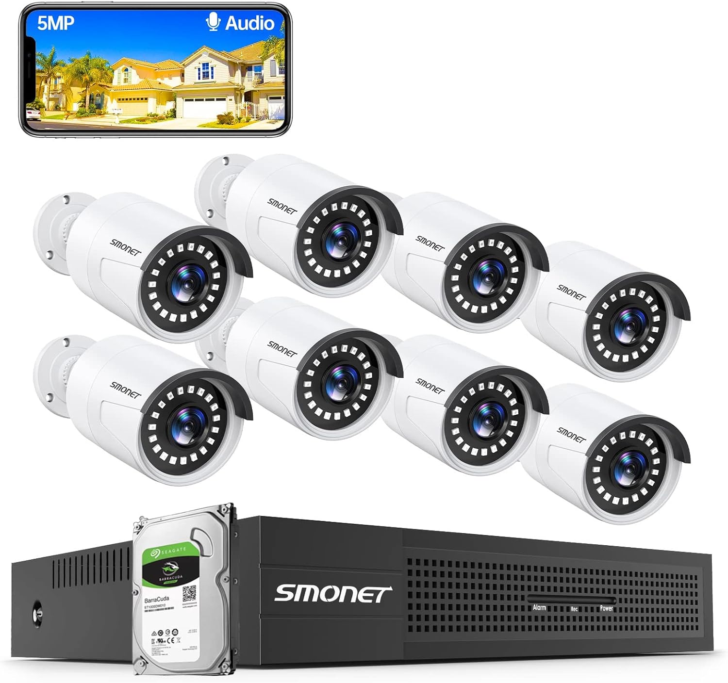 PoE Security Camera System 5MP with Audio, SMONET Home CCTV Surveillance DVR Kits,8 Channel NVR,4Pcs Wired Indoor Outdoor IP Cameras,AI Motion Detection,Night Vision,1TB Hard Drive,Free Phone App