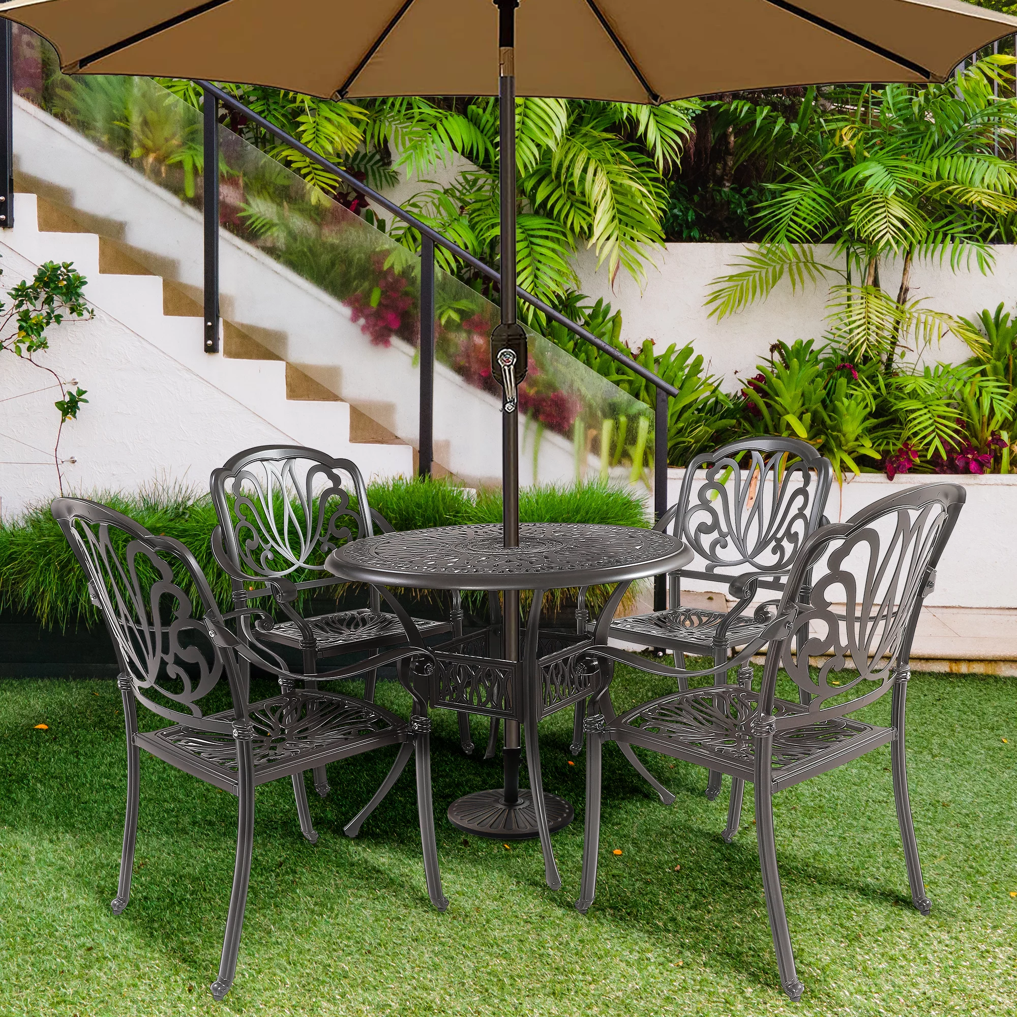 5Pcs Outdoor Furniture Dining Table Set All-Weather Cast Aluminum Patio Furniture Includes 1 Round Table and 4 Chairs with Umbrella Hole for Patio Garden Deck, Lattice Weave Design, Black Color