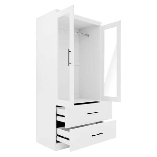 Wood Armoire Wardrobe Closet with Mirror,3 Door Bedroom Armoires Wardrobe Closet with 2 Drawers, Large Wardrobe Closet Storage Cabinet with Hanging Rail, White