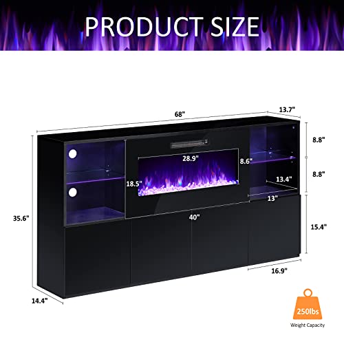 AMERLIFE Modern High Gloss 68" Fireplace TV Stand, Fireplace Entertainment Center with Fireplace & LED Lights for TVs up to 78", TV Console Cabinet with Adjustable Glass Shelves for Living Room, White