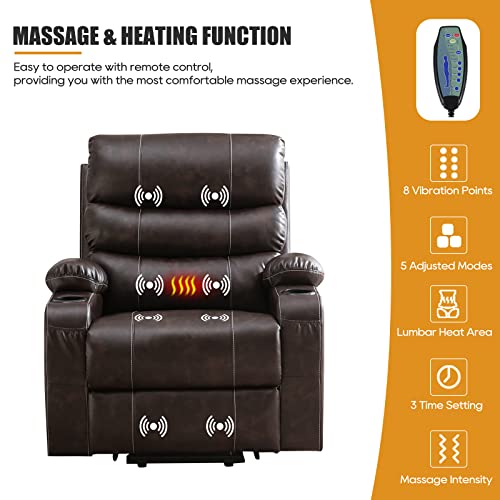 Lift Chair, Lift Chairs Recliners for Elderly, Power Lift Chair with Massage and Heat, Power Lift Chair with USB Port, 2 Cup Holders, 4 Pockets, PU Leather