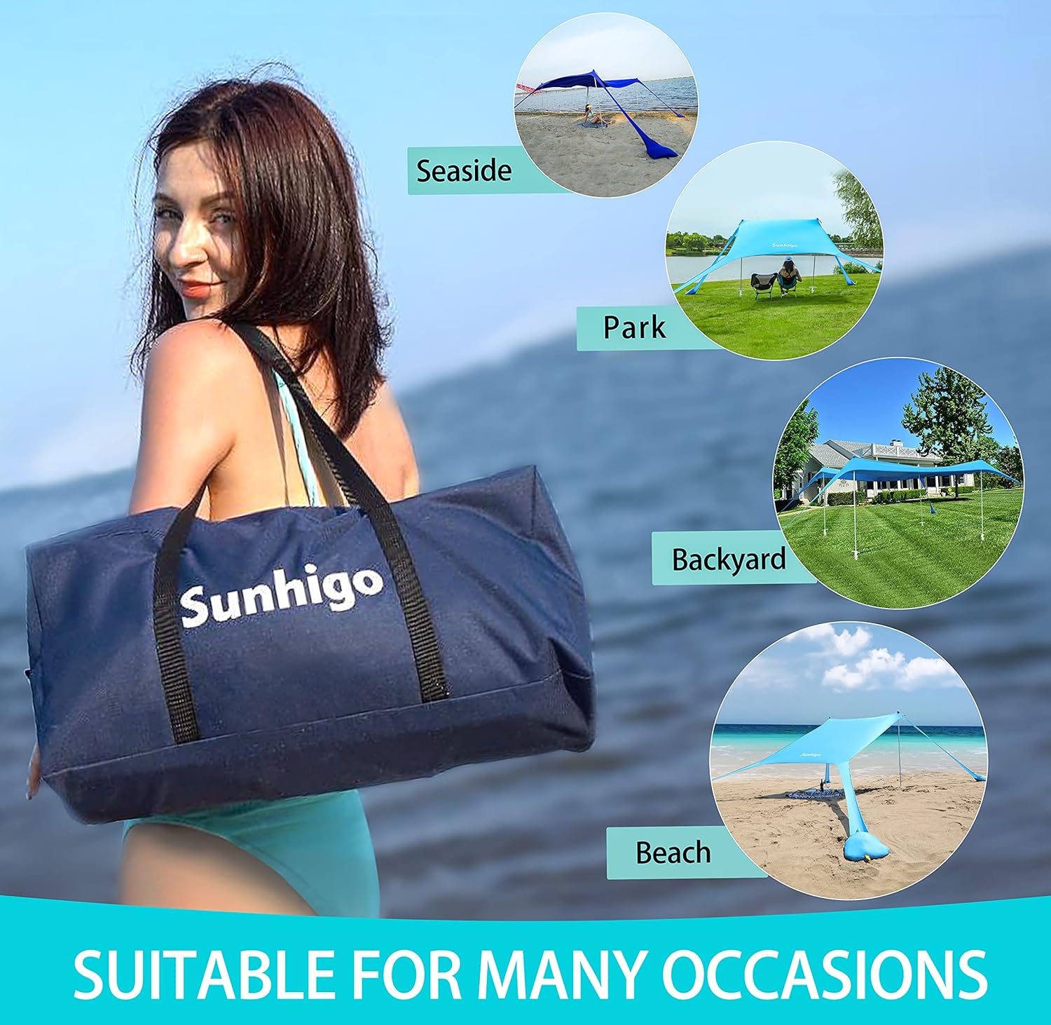 Sunhigo Beach Shade Canopy UPF50+ Family Beach Tent with 4 Aluminum Poles, Sand Shovel and Carry Bag, Portable Beach Sunshade Pop Up Sun Shelter for Beach,Fishing,Backyard and Picnics (10x10 Ft,Navy)