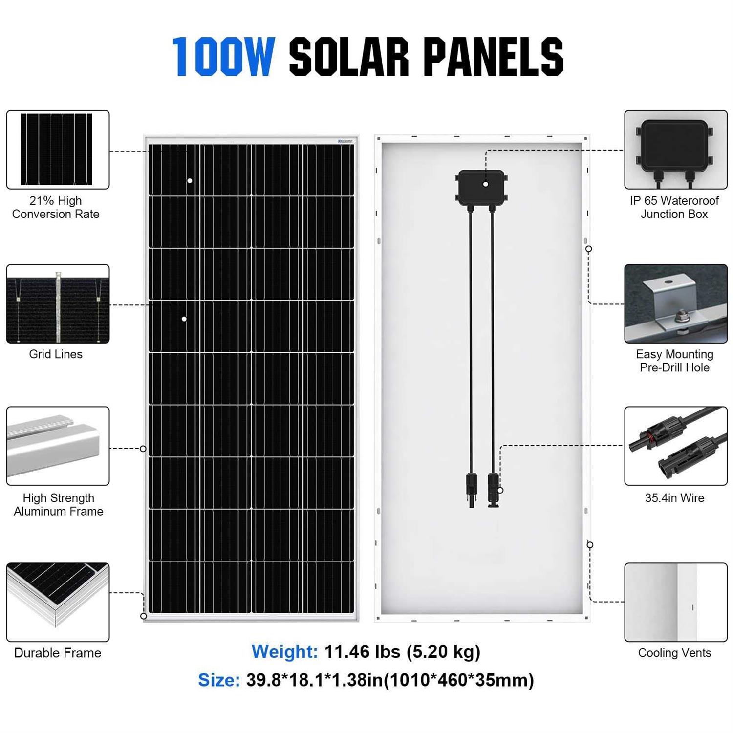 ECO-WORTHY 2pcs 100 Watt Solar Panels 12 Volt Monocrystalline Solar Panel for RV Marine Boat and Other Off-Grid Applications - Shop Hardware Tools Online Store