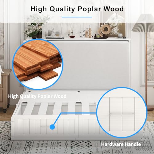 Queen Murphy Bed, Murphy Cabinet Bed with Tri-fold Mattress & USB Charging Station, Murphy Chest Bed with 2 Storage Drawer, Multi-functional Murphy Bed Cube Cabinet for Guest Room