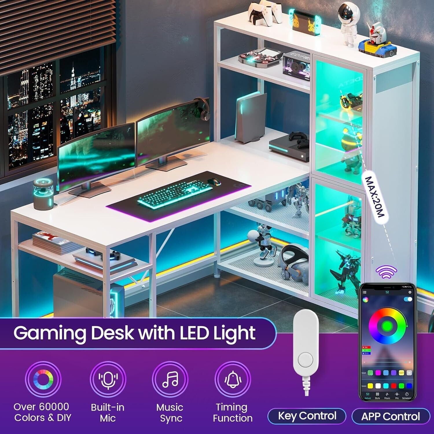 New White 59 Inches L Shape Computer Desk Shelves Storage Display LED Light Bookshelf Door Gamer Table Corner Gaming Cabinet File Shelf Outlets Power Home Office Modern 59”L x 31.5”W x 50.7”H of Set