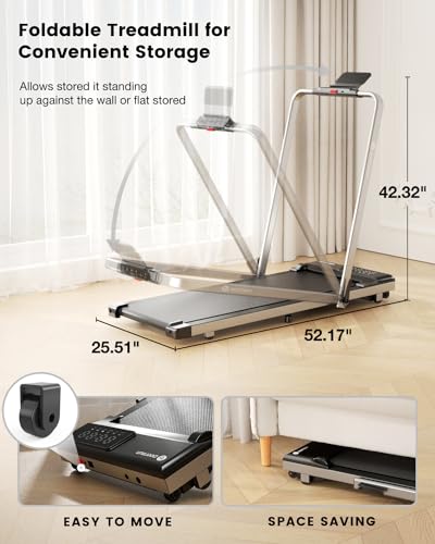 DeerRun 3 in 1 Walking Pad Treadmill, 300 Weight Capacity Foldable Treadmill, 3.0HP Low Noise Under Desk Treadmills for Home Office with Remote & APP
