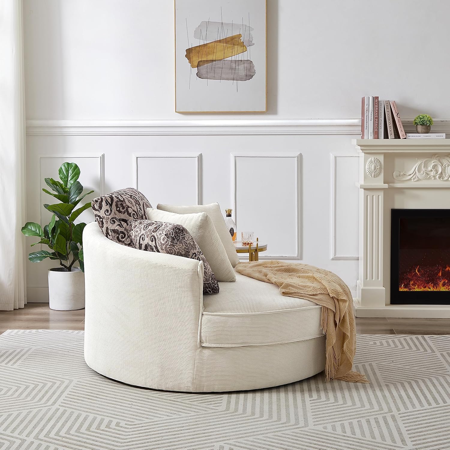 360-Degree Swivel Chair for Living Room Lounge, Modern Round Oversized Barrel Armchair Bedrooms Club Corduroy Upholstered Circle Big Accent Corner Sofachairs with 5 Detachable Pillows