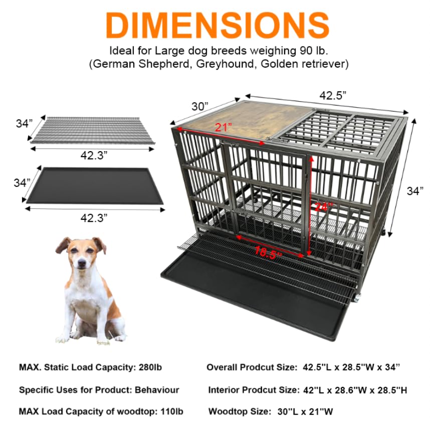 54/48/42/38 inch Heavy Duty Indestructible and Escape-Proof Dog Crate Cage Kennel for Large Dogs, High Anxiety Dog Crate with Removable Wire Trays and Wheels, Extra Large XL XXL