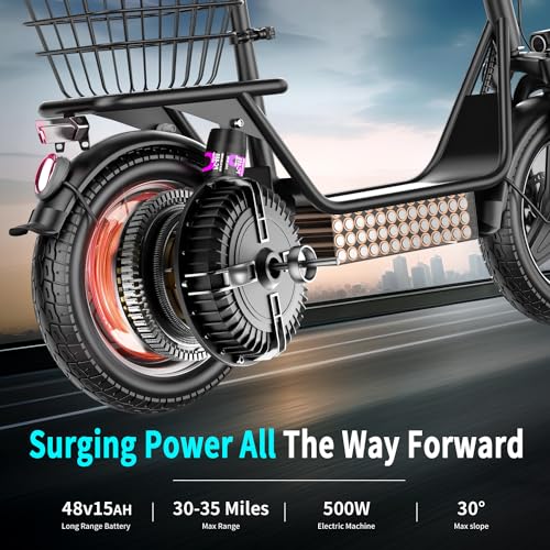Electric Scooter Adults, 500W(650W Peak) Motor, 25mph Speed 30Miles Long Range Electric Scooter with Seat, Dual Disc Brakes, 48V 15AH E Scooter for Commuter, Travel