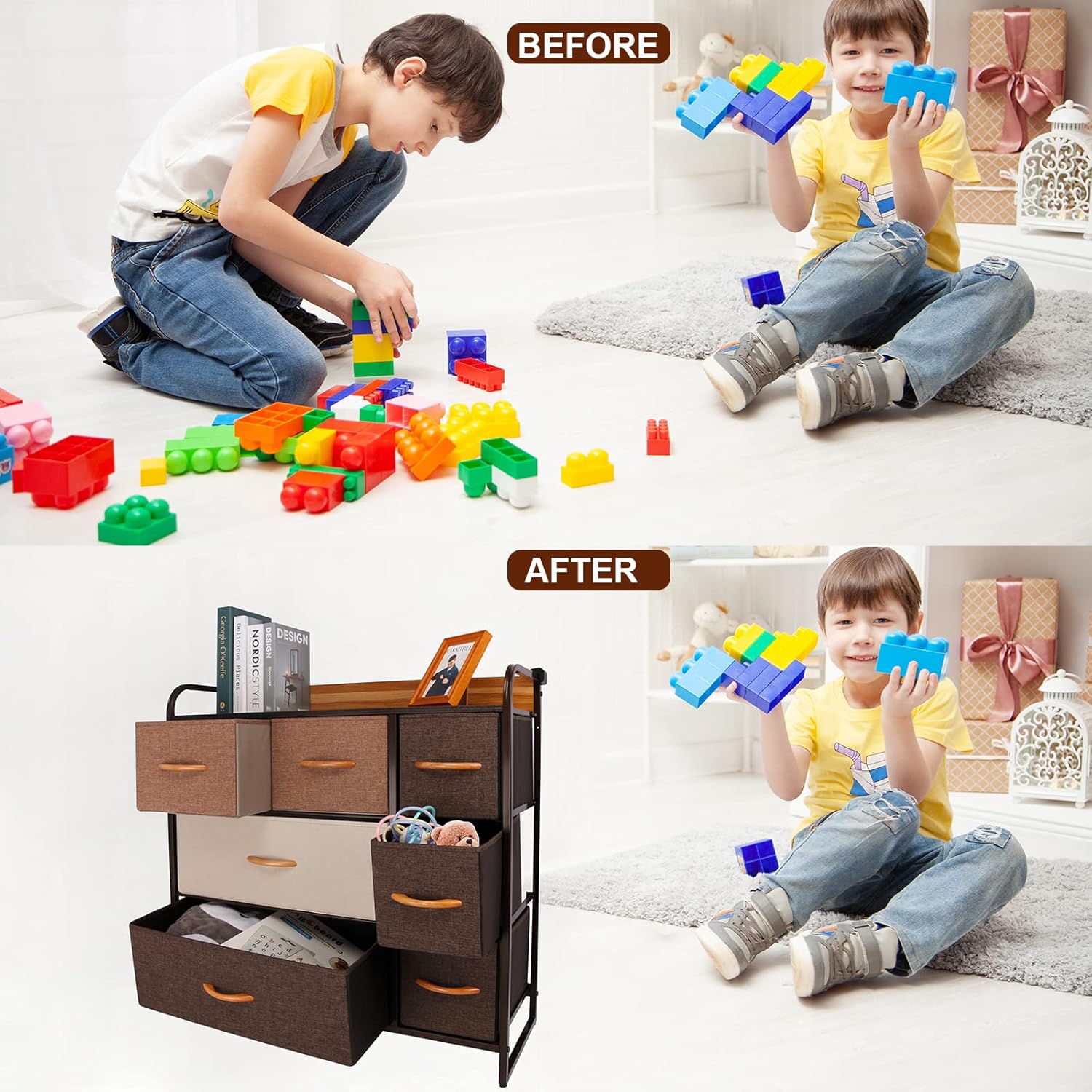 CONNOO Large Storage Dresser Unit, Wide Standing Fabric Dresser Room Organizer Cabinet for Bedroom, Hallway, Entryway, Closet, Nursery, 5 Removable Drawers Storage Tower, Wooden Top & Easy Pull Handle