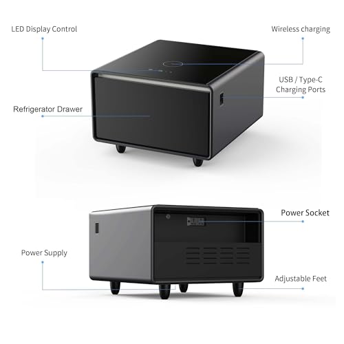 Atlodas 26.5" Smart Nightstand with Fridge, Mini Coffee Table, Side Table with Wireless Charging, Power Outlet, USB Interface, Outlet Protection, Induction Light, (Black)