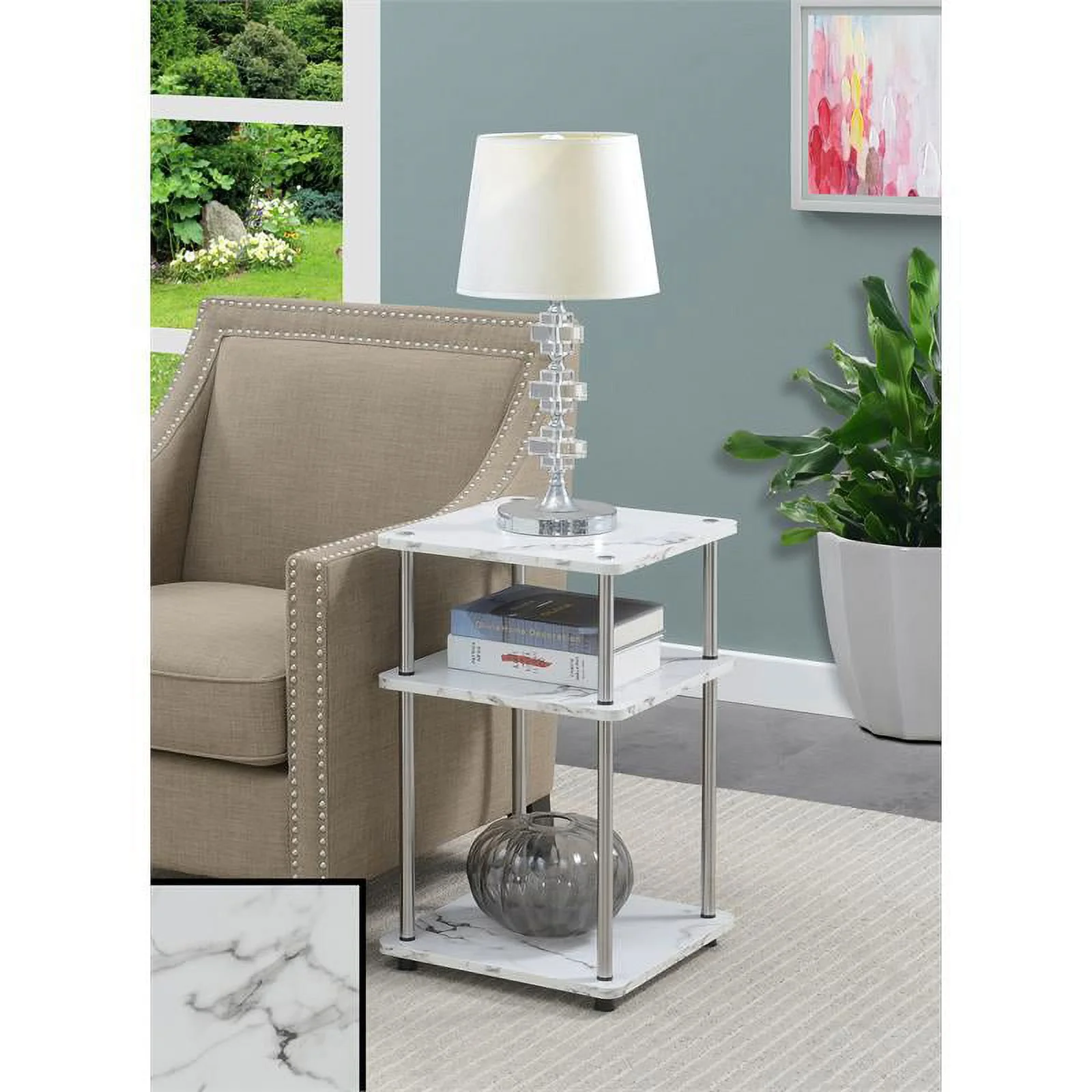 Home Square Three-Tier End Table in White Faux Marble - Set of 2