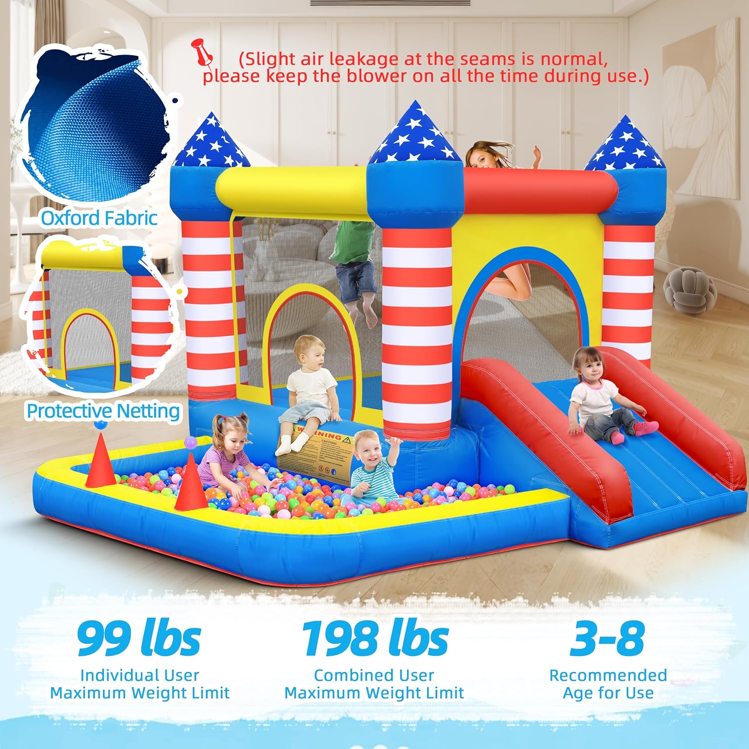 Culaluva Inflatable Bounce House: Bouncer Bouncy Castle 5 in 1 with Ball Pit & Slide for Kids Aged 3-8 - with 370W Blower & Storage Bag - Indoor Outdoor Play Stripes Style