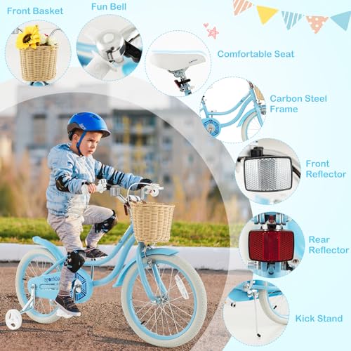 BABY JOY Kids Bike, 14 16 18 Inch Kids Bicycles for 3-8 Years Old Children with Training Wheels, Adjustable Height, Handbrake & Coaster Brake, Boys Girls Bike (Pink, Green, Blue)