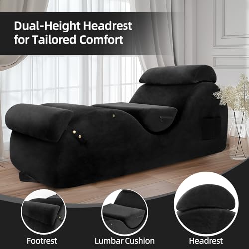 Chaise Lounge Chair for Yoga, Chaise Lounge with Headrest, Waist Pad, Foot Pad, Washable Cover Side Pockets Non-Slip Bottom, Yoga Chair for Relaxation Stretching, (Pink, X-L)