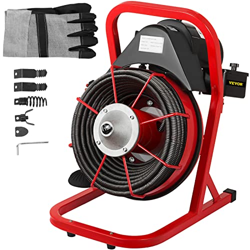 VEVOR Portable Sewer Snake Auger Cleaner with Cutters & Air-Activated Foot Switch for 1" to 4" Pipes, Black, Red