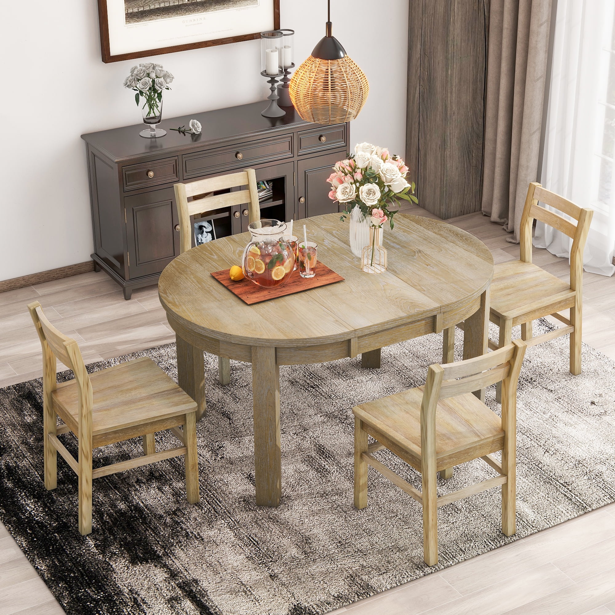 Churanty Round Extendable Dining Table Set Solid Wood Farmhouse 5 Piece Kitchen Dining Set for 4 with Leaf and Drawers,Natural - Curated Treasures Market