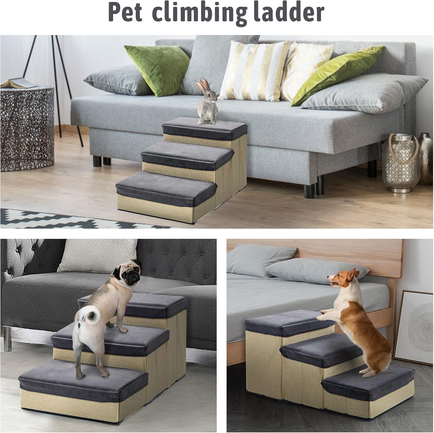 INRLKIT 3-Tier Pet Stairs, Foldable Dog Steps Dog Stairs/Ramps/Ladder for Beds Sofa, Pet Stairs for Older Dogs, Cats, Puppies, Injured Dogs, Small Dogs(Grey)