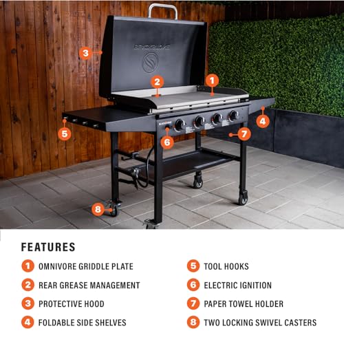 Blackstone 36 Inch Gas Griddle with Hood Cooking Station 4 Burner Flat Top Gas Grill Propane Fuelled Restaurant Grade Professional 36” Outdoor Griddle Station with Side Shelf