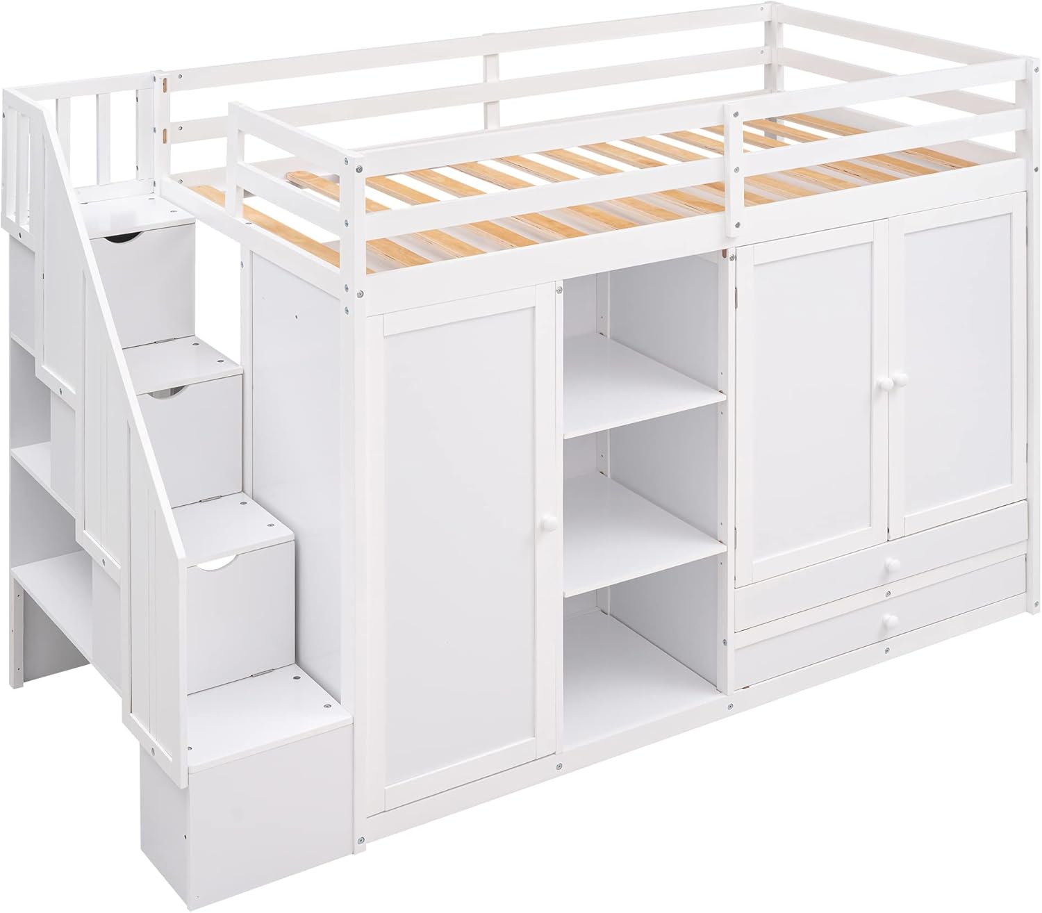 Functional Twin Loft Bed with 3 Shelves, Two Wardrobes and 2-Tier Large Drawers, Space-Saving Loftbed with Storage Ladder & Full-Guardrails for Kids Teens Adults, No Box Spring Needed, White