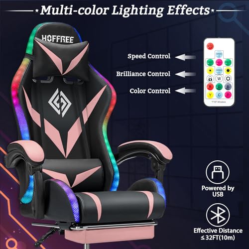 HOFFREE Gaming Chair Massage with Bluetooth Speakers and Led Lights Ergonomic Computer Gaming Chair with Footrest RGB Video Game Chair with High Back Lumbar Support Blue and Black