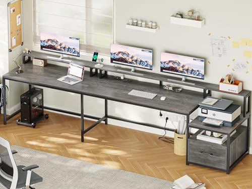 SEDETA L Shaped Gaming Desk, 66" Home Office Desk with File Drawer & Power Outlet, Corner Gaming Computer Desk with Led Lights, Monitor Shelf and Printer Storage Shelves, Two Person Desk, Black