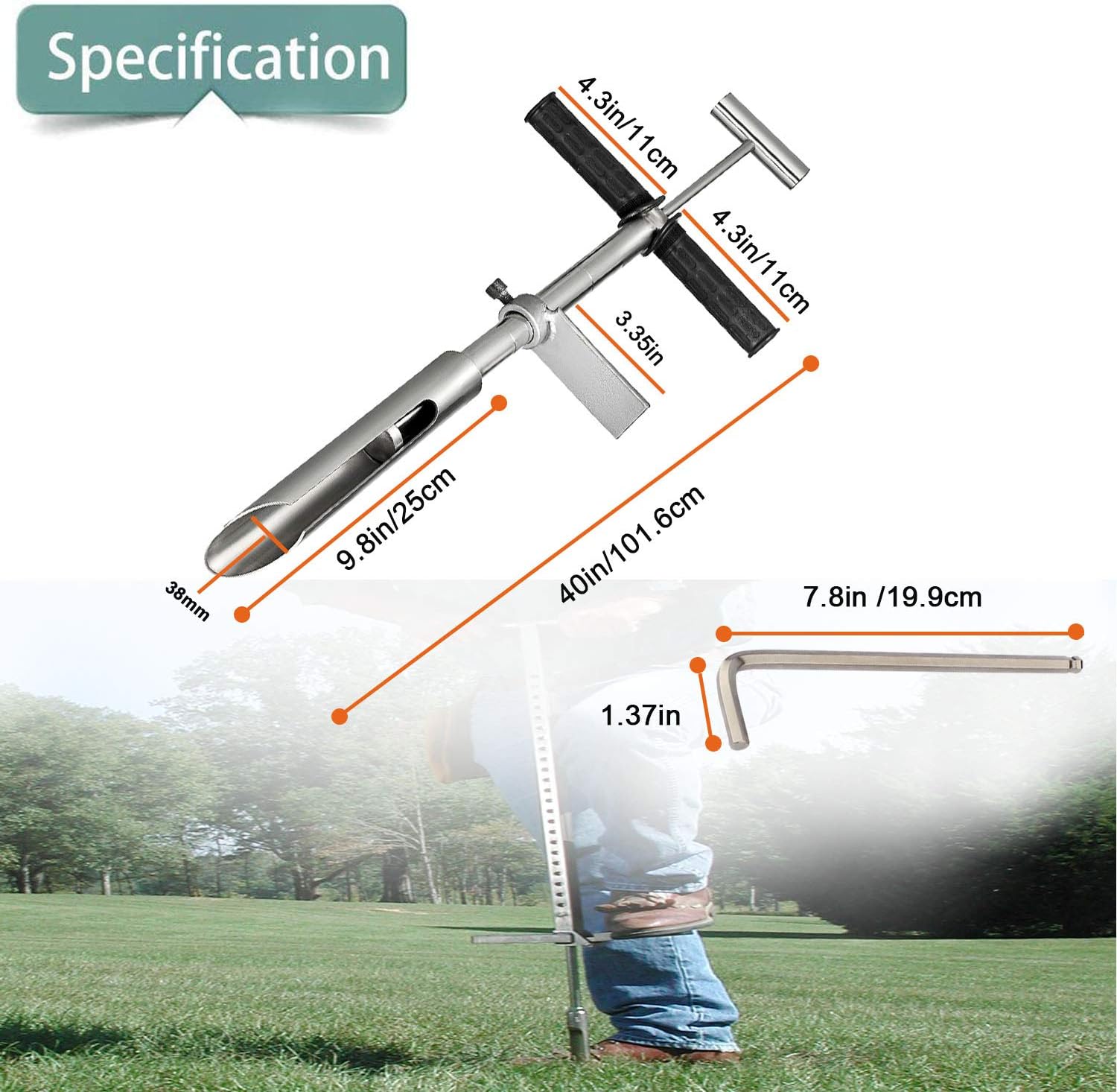 40" Soil Sampler Probe Rod with Sample Ejector, Soil Probe Sampler 304 Stainless Probe Step Tube with Foot Pedal T-Style Handle Soil Probes for Soil Sampling, Lab Garden Soil Test Tool Scaled Kit