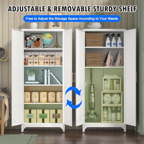 Metal Storage Cabinet with Doors and Shelves, 71 Inch Tall Kitchen Pantry Cabinet, Pantry Cabinets for Kitchen Storage, Freestanding Cupboard for Living, Dining Room, White, Assembly Required