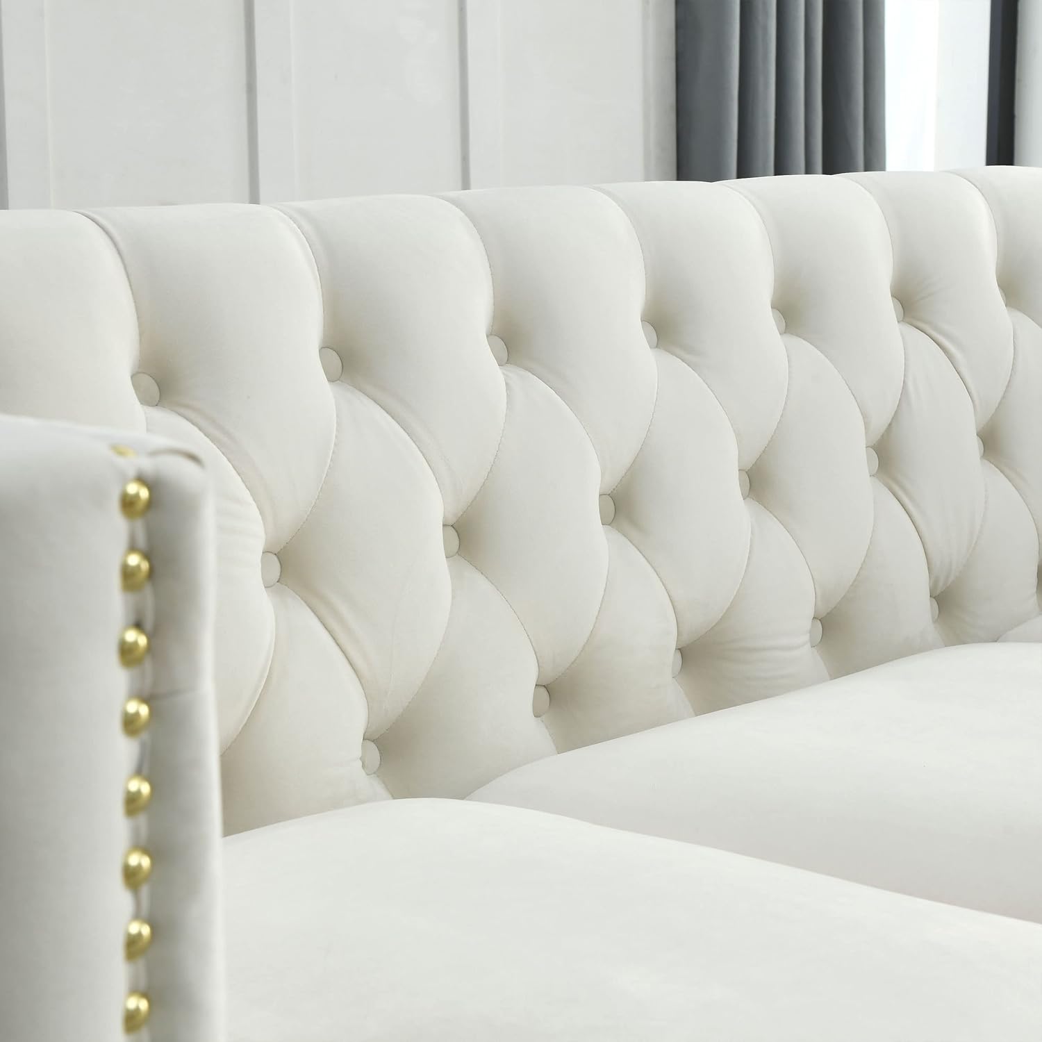 Bellemave L-Shaped Chesterfield Couch with Metal Legs and Nail Heads, Velvet Corner Sofa 5-Seater Sofas with 3 Cushions for Living Room, Bedroom, Apartment, Office(Beige)