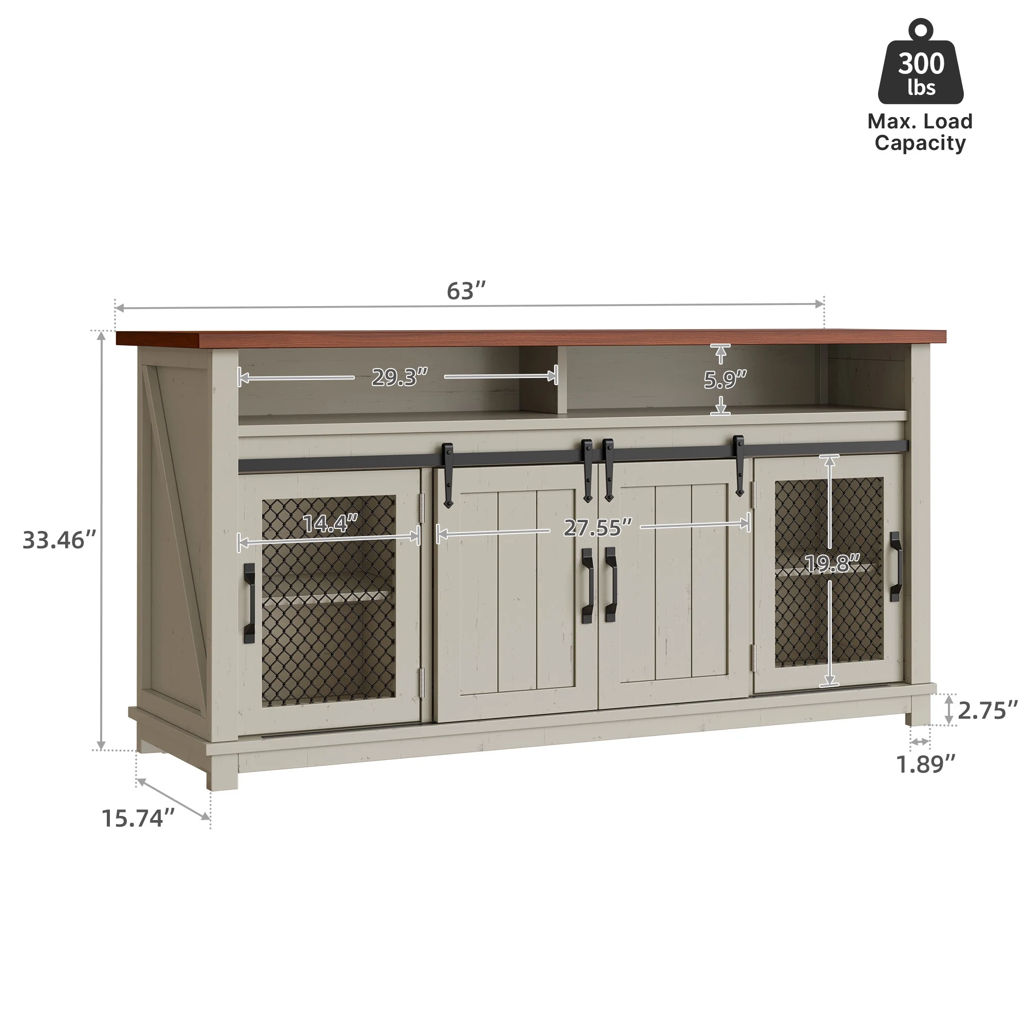 Dextrus Farmhouse Coffee Bar Cabinet, 63" Sideboard Buffet Cabinet with 2 Sliding Barn Door & 2 Visual Grid Doors, Buffet Storage Cabinet, Antique White