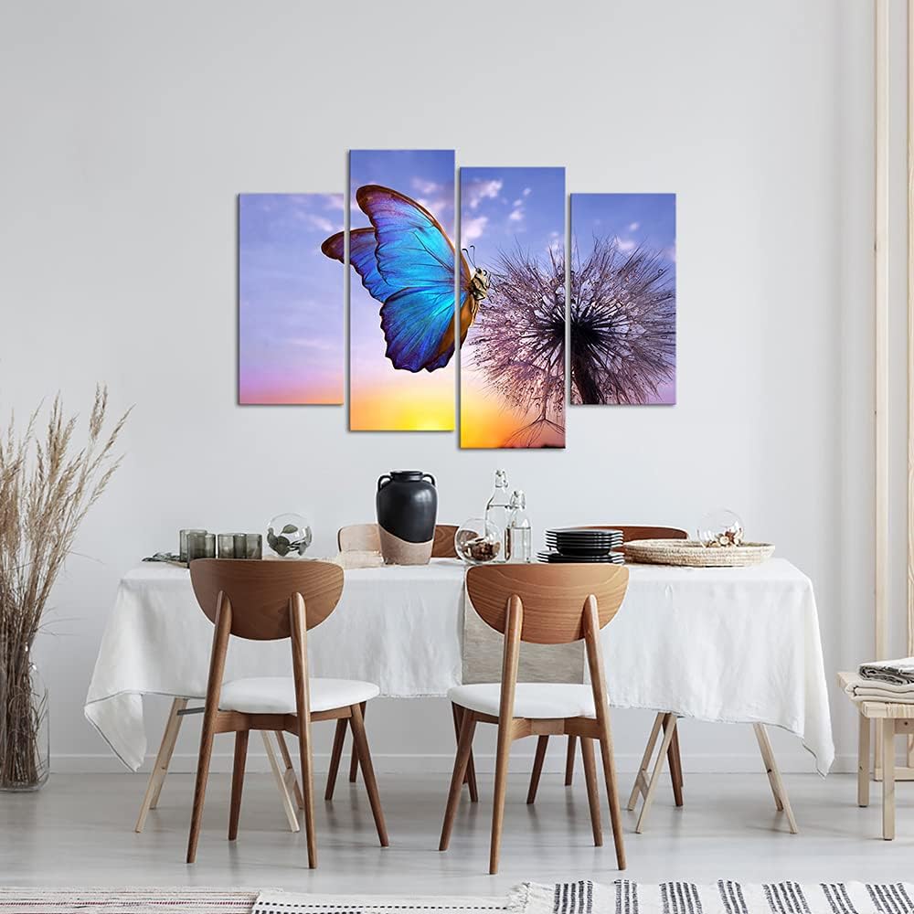 VANSEEING 4 Panels Dandelion Canvas Wall Art Blue Butterfly Dandelion Paintings Picture Sunset Landscape Artwork Prints Stretched and Framed for Living Room Bedroom