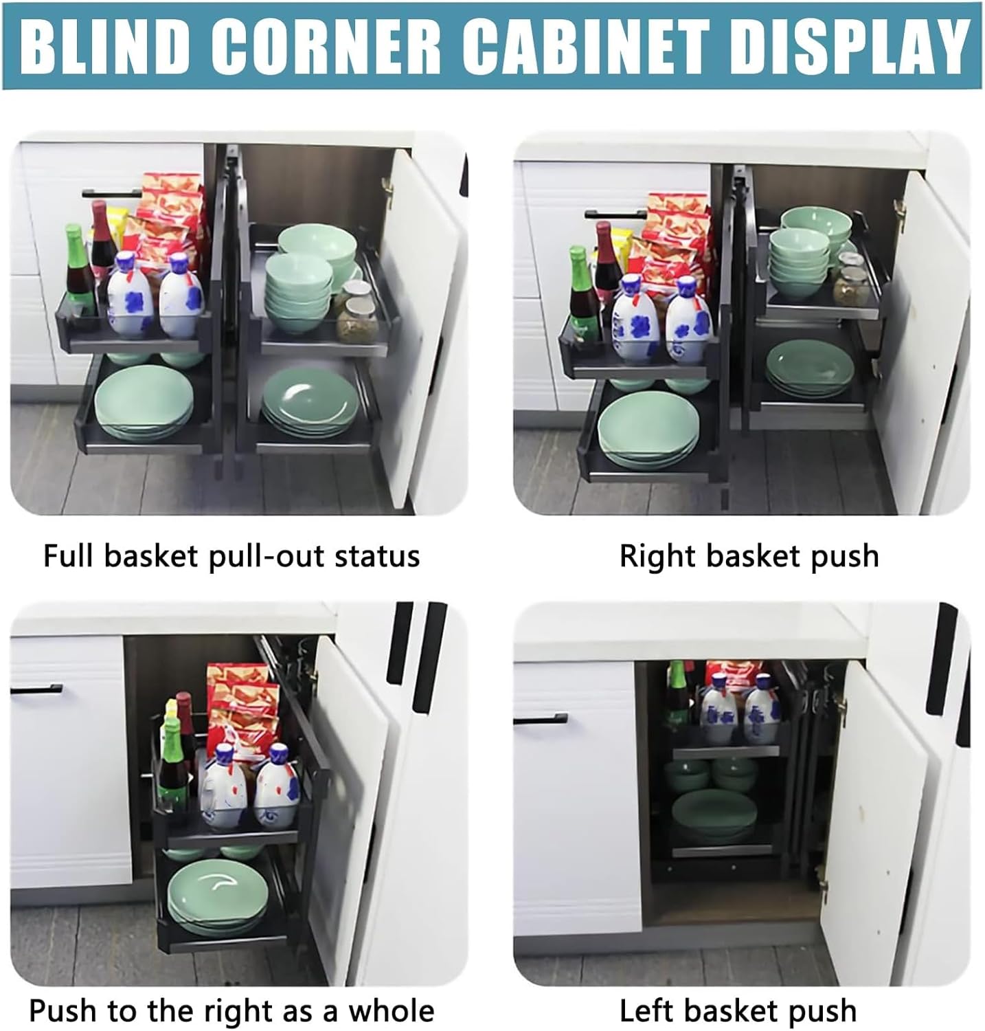 Pull Out storage for kitchen cupboards - Blind Corner Cabinet Organizer, 4 Shelf Tray Baskets Hidden Storage Rack Shelf