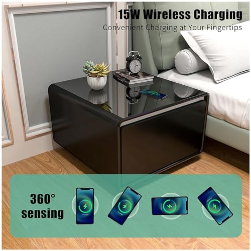GOCAPTAIN Smart Side Table with Built-in Fridge, Nightstand with Touch Screen Temperature Control Cooling Drawer, Induction Light, Cordless Charging & USB Port