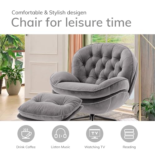 Velvet Swivel Accent Chair with Ottoman Set,Modern Lounge Chair with Footrest, Comfortable 360 Degree Swivel Armchair, Reading Chair for Living Room, Bedroom, Reading Room (gray)